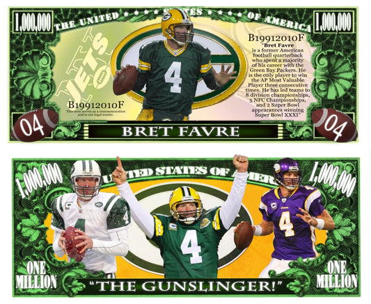 BRET FAVRE  - 1 million Dollar Bill - GREEN BAY PACKERS -ALL TIME GREAT Novelty Collectable