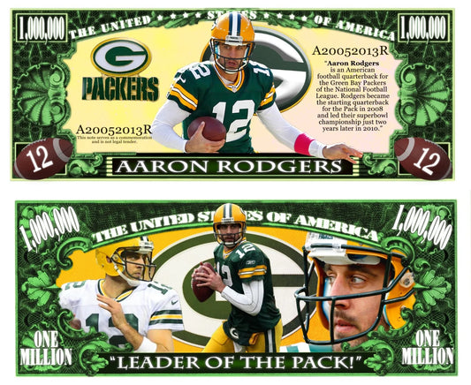 AARON ROGERS - 1 million Dollar Bill - GREEN BAY PACKERS -A LL TIME GREAT Novelty Collectable