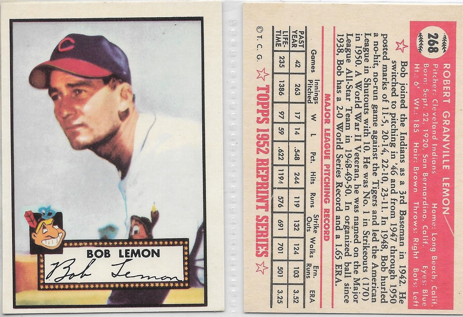 1983 TOPPS '52 REPRINT CARDS STARS -BOB LEMON - CLEVELAND INDIANS - CA –