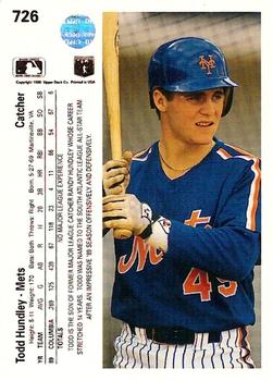 ROOKIE - 1990 Upper Deck Baseball Todd Hundley Card # 726 New York Mets RC