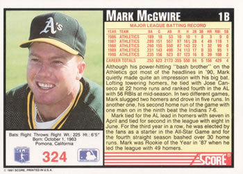 1991 SCORE BASEBALL MARK MCGWIRE #324 OAKLAND ATHLETICS