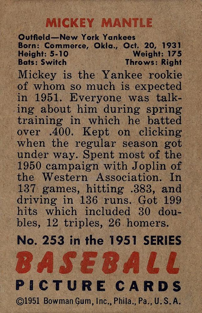 1951 Bowman #253 MICKEY MANTLE Rookie Reprint - New York Yankees