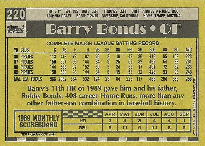 1990 TOPPS #220 BARRY BONDS PITTSBURGH PIRATES