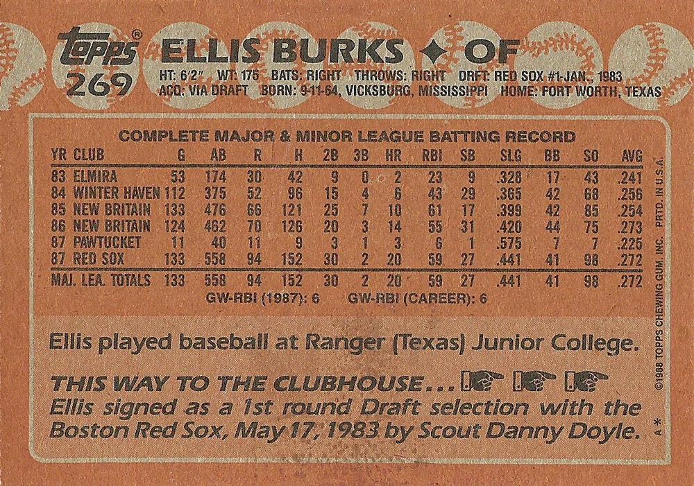 1988  TOPPS ALL STAR ROOKIE #269 ELLIS BURKS  BOSTON RED SOX