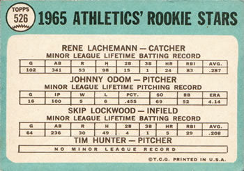 1965 TOPPS #526 JIM "CATFISH" HUNTER OAKLAND ATHLETICS  ROOKIE RP CARD