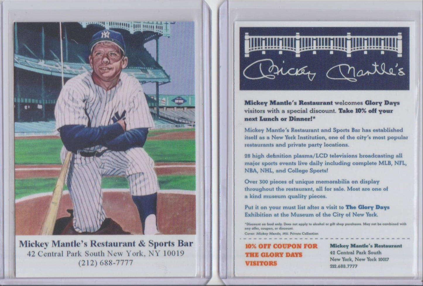 1960's Era - Mickey Mantle New York Yankees Restaurant & Sports Bar RP Card
