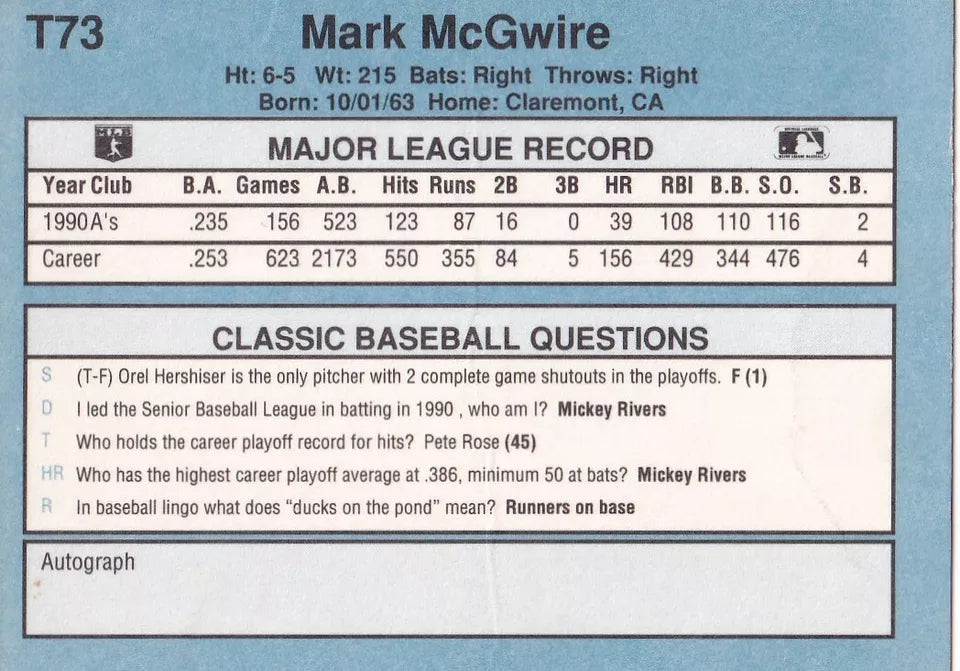 1991 CLASSIC BASEBALL BLUE BORDER  MARK MCGWIRE #T73 OAKLAND ATHLETICS  MINT