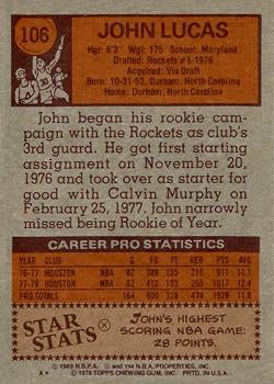 1978-79 TOPPS NBA BASKETBALL JOHN LUCAS #106 HOUSTON ROCKETS NRMT