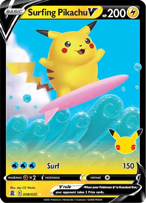 SURFING PIKACHU V Celebrations Holo Ultra Rare # 008/025 Pokémon TCG