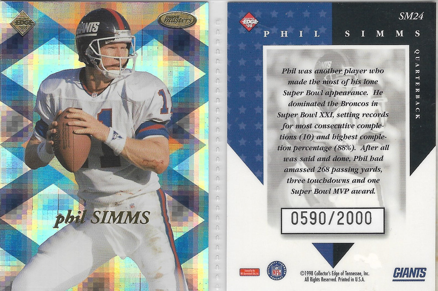 1998 COLLECTORS EDGE SUPER MASTERS #SM24 PHIL SIMMS - NEW YORK GIANTS