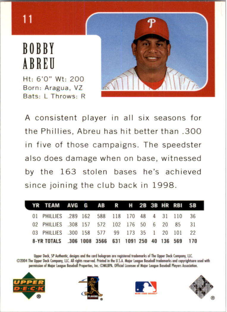 2004  UPPER DECK SP Authentic #11 Bobby Abreu Philadelphia Phillies