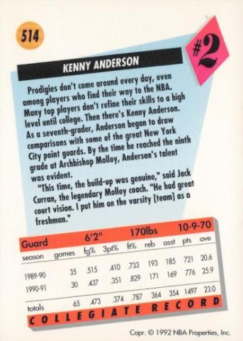 1991 SKYBOX #514 KENNY ANDERSON   NEW JERSEY NETS ROOKIE CARD