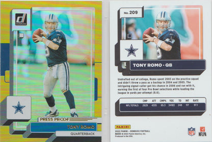 2022 DONRUSS TONY ROMO PRESS PROOF PREMIUM #209 DALLAS COWBOYS