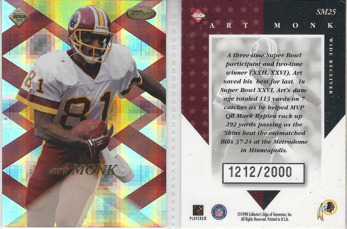 1998 COLLECTOR'S EDGE SUPER MASTERS -ART MONK -  WASHINGTON REDSKINS #LIMITED NUMBERED UNRELEASED CARD