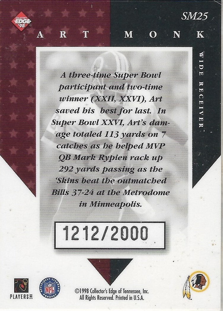 1998 COLLECTOR'S EDGE SUPER MASTERS -ART MONK -  WASHINGTON REDSKINS #LIMITED NUMBERED UNRELEASED CARD
