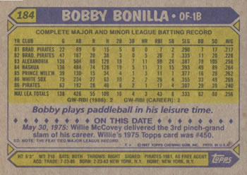 ROOKIE: 1987 Topps #184- BOBBY BONILLA PITTSBURGH PIRATES