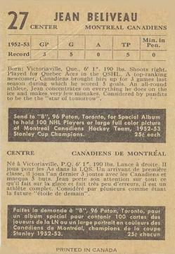 1953 54 PARKHURST #27 JEAN BELIVEAU ROOKIE RP CARD - MONTREAL CANADIANS