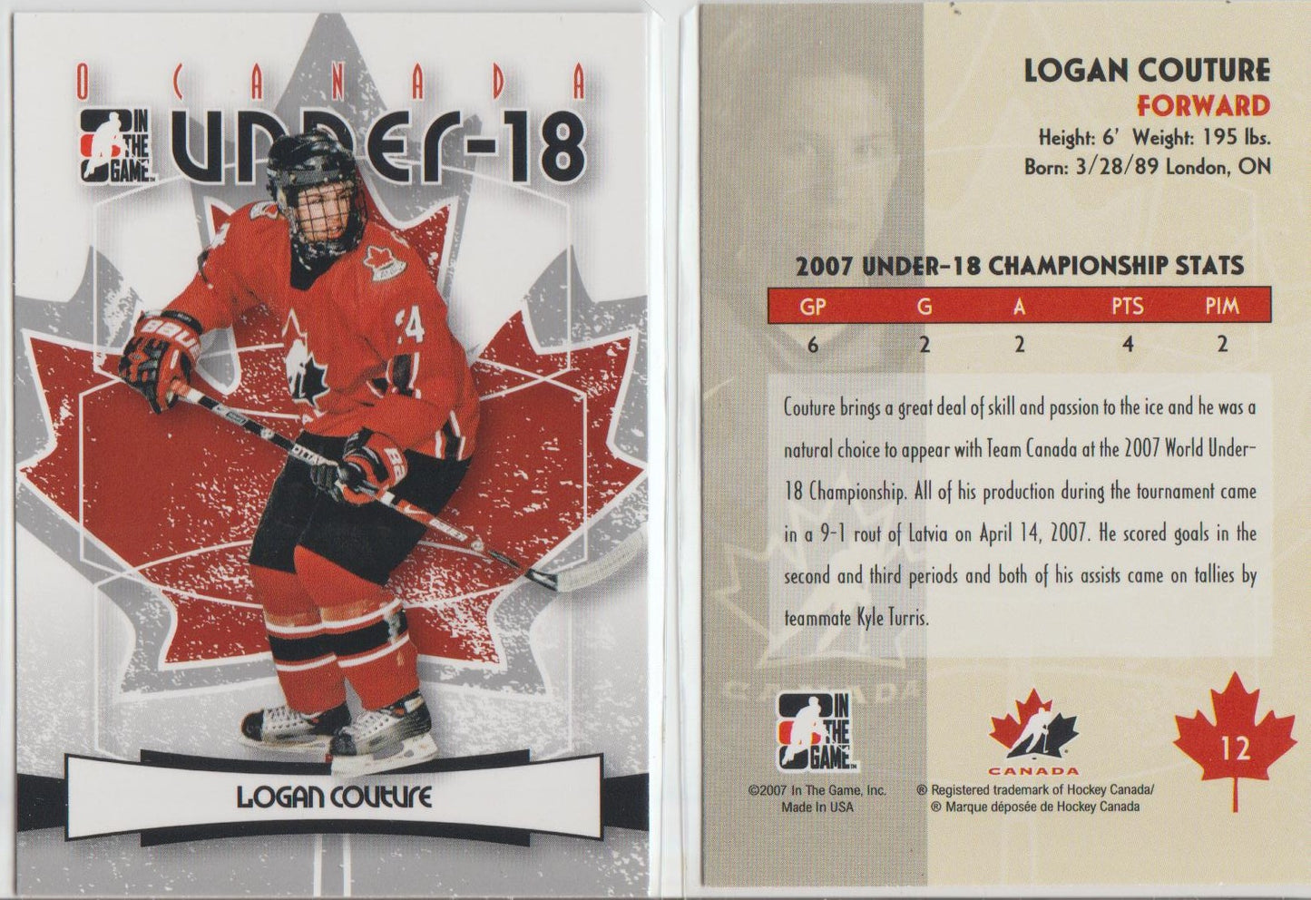 2007 IN THE GAME O CANADA #12 LOGAN COUTURE ROOKIE CARD - TEAM CANADA HOCKEY