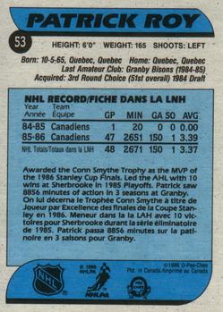 1986-87 O-Pee-Chee  #53 All-Star Patrick Roy  Montreal Canadiens  ROOKIE RP CARD