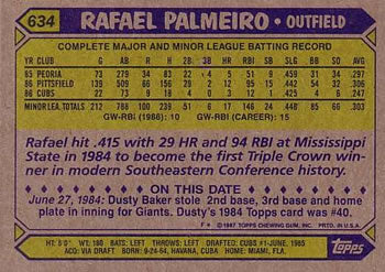 ROOKIE: 1987 Topps #634  RAFAEL PALMEIRO FUTURE STARS CARD