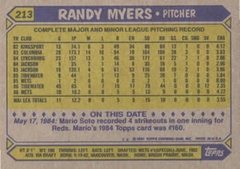 ROOKIE: 1987 Topps #213 RANDY MEYERS- NEW YORK METS