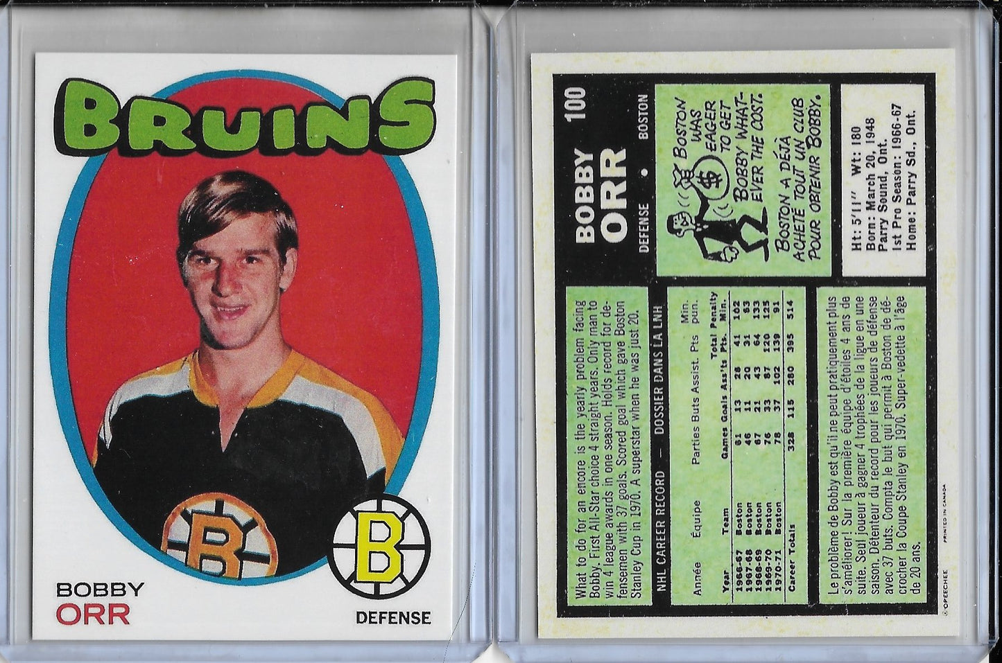 1971-72 O Pee Chee #100 BOBBY ORR BOSTON BRUINS RP CARD - NOT HIS ROOKIE
