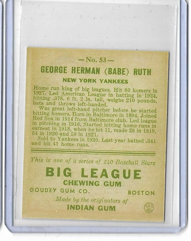 1933 Goudey #53 Babe Ruth Big League New York Yankees Reprint Card w/facs. Auto