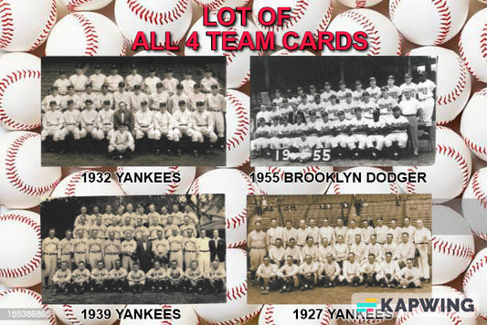 LOT OF ALL 4 GREAT BASEBALL TEAM CARDS - NEW YORK YANKEES - BROOKLYN DIDGERS