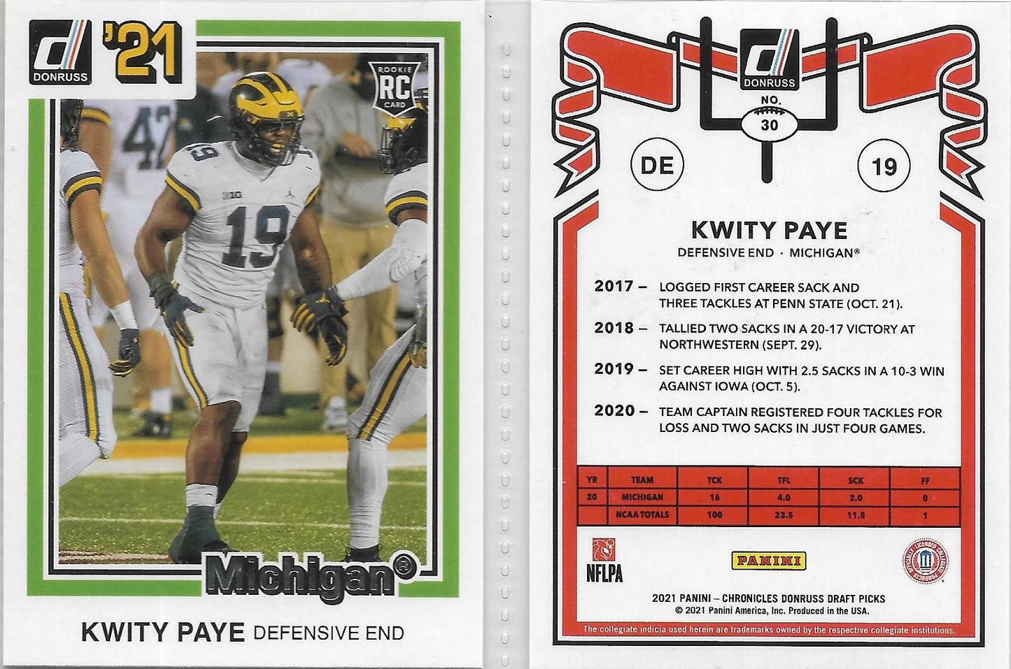 2021 Donruss Chronicles Draft #19 KWITTY PAYE INDIANAPOLIS COLTS MICHIGAN WOLVERINES ROOKIE CARD