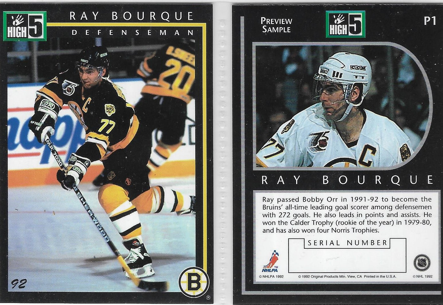 1992 HIGH 5 #P1 RAY BOURQUE "PREVIEW CARD" BOSTON BRUINS