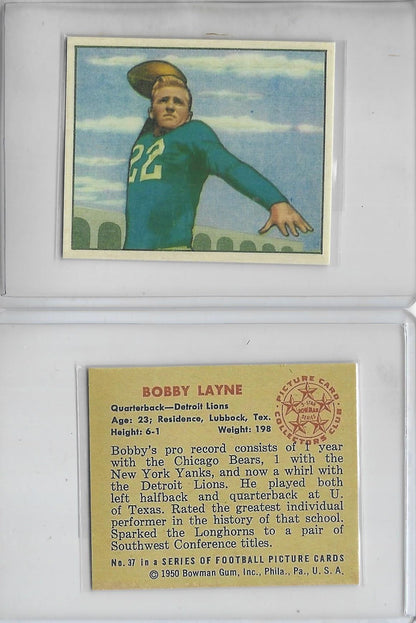 1950 BOWMAN #37 BOBBY LAYNE  DETROIT LIONS - REPRINT CARD **