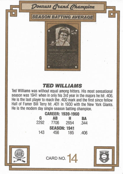 1984 DONRUSS CHAMPIONS "OVERSIZED CARD #14 TED WILLIAMS - BOSTON RED SOX