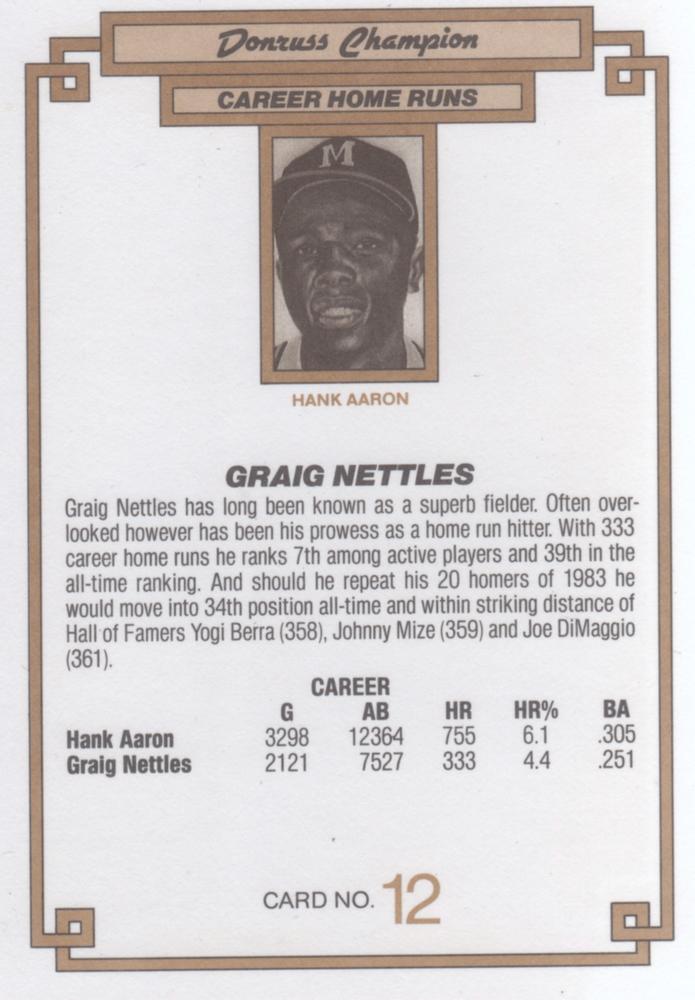 1984 DONRUSS CHAMPIONS OVERSIZED CARD #12 GRAIG NETTLES NEW YORK