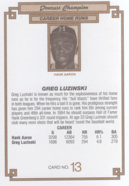 1984 DONRUSS CHAMPIONS "OVERSIZED CARD" #13 GREG LUZINSKI - CHICAGO WHITE SOX