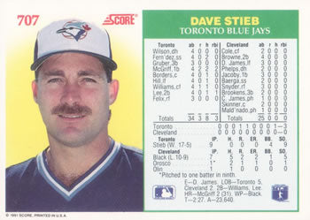 1991 Score #707 DAVE STIEB - TORONTO BLUE JAYS"No Hit Club Card".