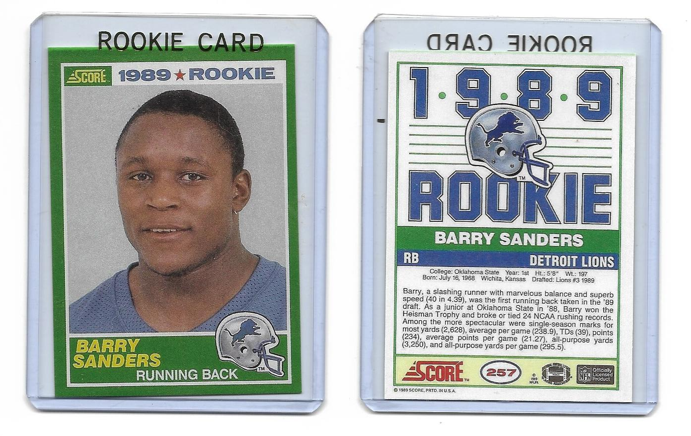 1989 Score Football #257 Barry Sanders Detroit Lions Rookie Reprint Ca –