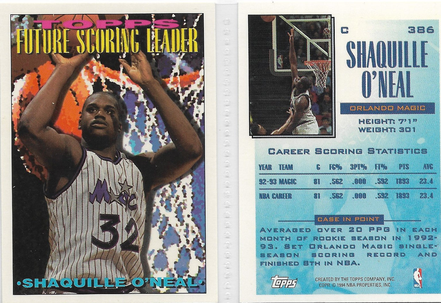 1993 TOPPS CARD #386 SHAQUILLE O'NEAL FUTURE SCORING LEADER