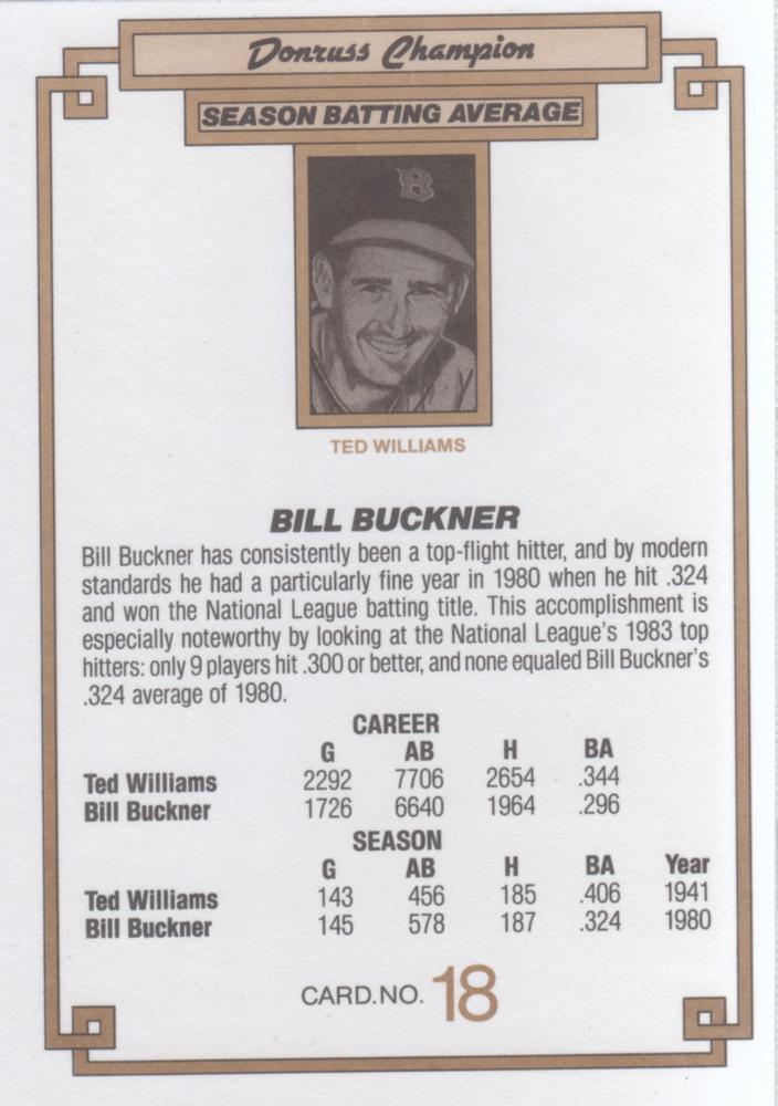1984 DONRUSS CHAMPIONS "OVERSIZED CARD" #18 BILL BUCKNER CHICAGO CUBS