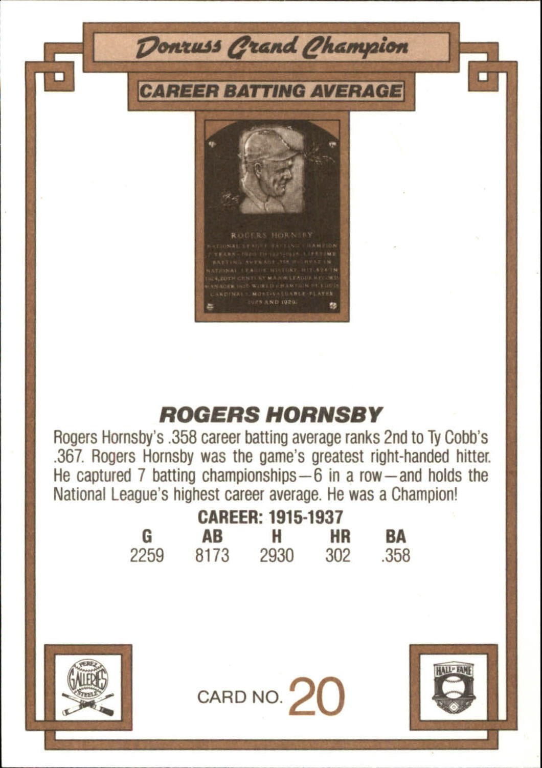 1984 Donruss Champions HALL OF FAME Card - #20 ROGERS HORNSBY - ST. LOUIS CARDINALS