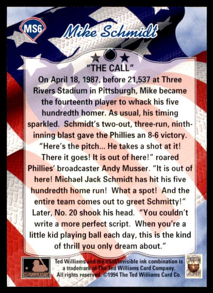 1994 Ted Williams Card Company Mike Schmidt #MS6 Philadelphia Phillies HOF