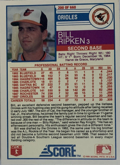 ROOKIE:  1988 SCORE #200 BILLY RIPKEN - BALTIMORE ORIOLES