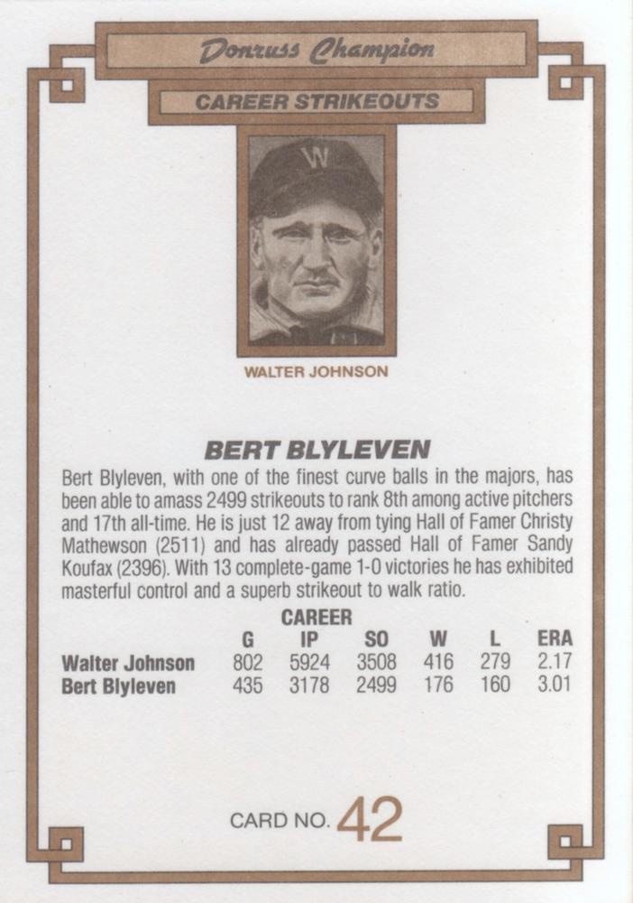 1984 DONRUSS CHAMPIONS "OVERSIZED CARD" #42 JBERT BLYLEVEN CLEVELAND INDIANS