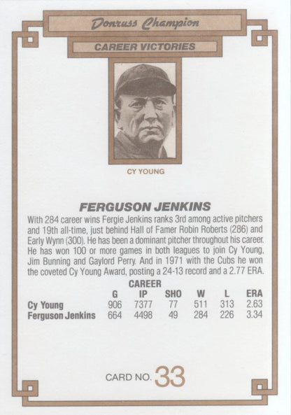1984 DONRUSS CHAMPIONS "OVERSIZED CARD" #33 FERGUSON JENKINS  CHICAGO CUBS