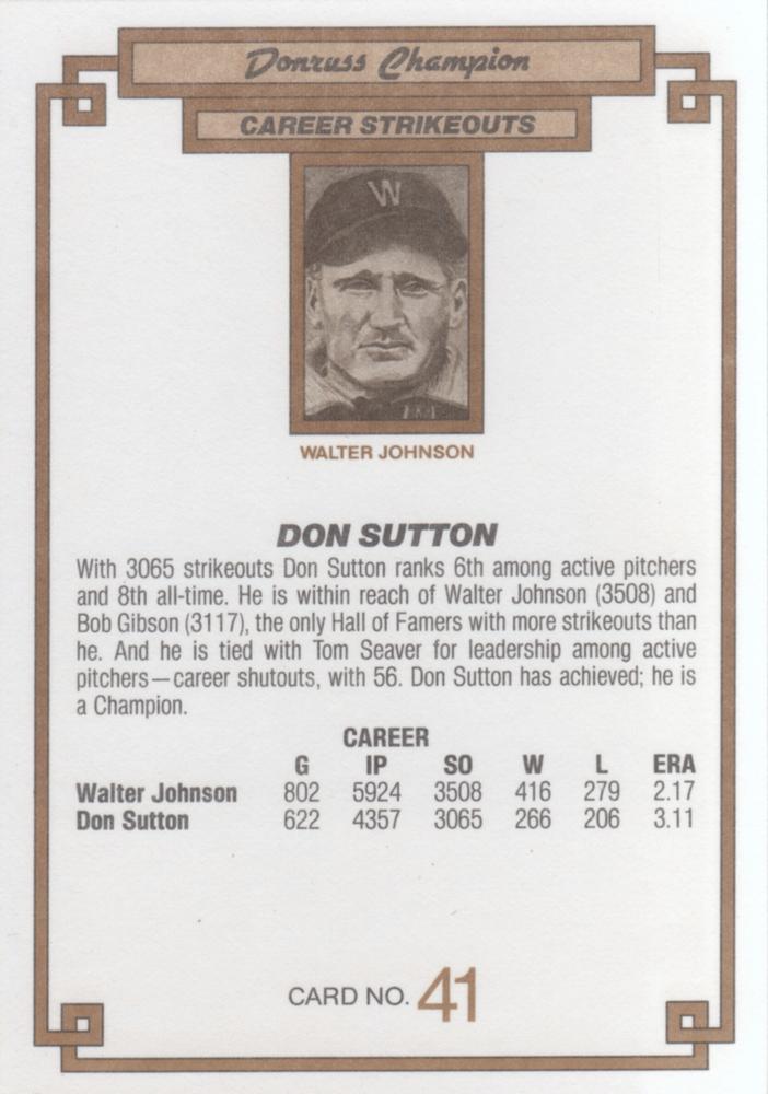 1984 DONRUSS CHAMPIONS "OVERSIZED CARD" #41 DON SUTTON  MILWAUKEE BREWERS LOS ANGELES DODGERS