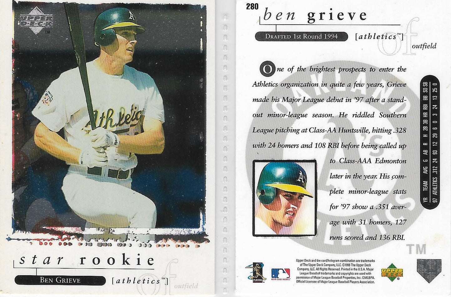 ROOKIE:  1998 UPPER DECK #280 "STAR ROOKIE" BEN GRIEVE - OAKLAND ATHLETICS - FOIL CARD