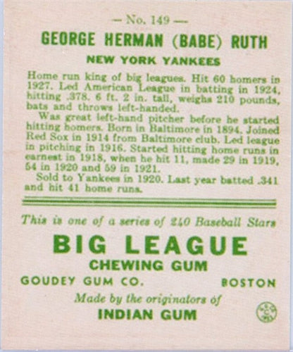1933 Goudey #149 Babe Ruth Red Big League New York Yankees Reprint Card w/facs. Auto