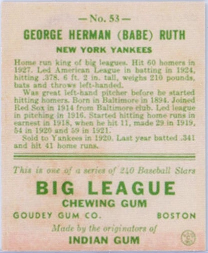 1933 Goudey #53 BABE RUTH BIG LEAGUE CARD NEW YORK YANKEES  Reprint Card
