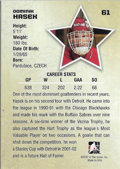 2007 IN THE GAME STARS OF THE GAME #61 DOMINIK HASEK  NHL Hockey Sale