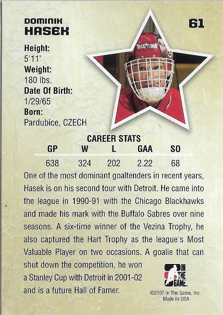 2007 IN THE GAME STARS OF THE GAME #61 DOMINIK HASEK  NHL Hockey Sale