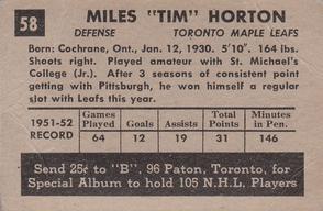 1952-53 PARKHURST #58 TIM HORTON - TORONTO MAPLE LEAFS ROOKIE RP CARD